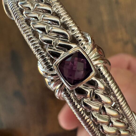 Vintage Judith Ripka Sterling Silver Amethyst Hinged Cuff Bracelet Rope Textured - Picture 10 of 17